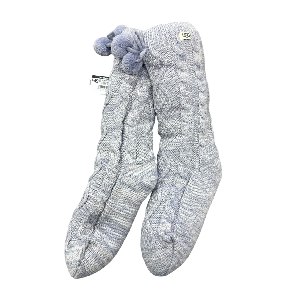 UGG Pom‎ Pom Fleece Lined Crew Socks Purple Gray NWT Size 9-11